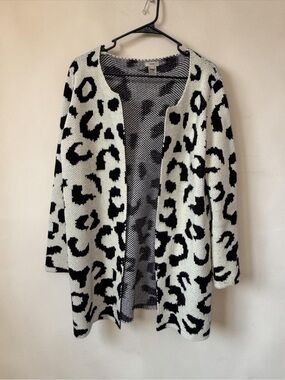 Escio Business Casual Leopard Print Open-Front Cardigan Sweater Black & White L